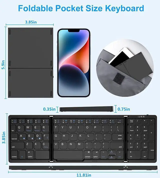 Alt view image 5 of 7 - Foldable Bluetooth Keyboard, Foldable Wireless Portable Keyboard with Numeric Keypad, USB-C Rechargeable for iOS, Android, Windows System Laptop Tablet Smartphone Device (Not Full Size)