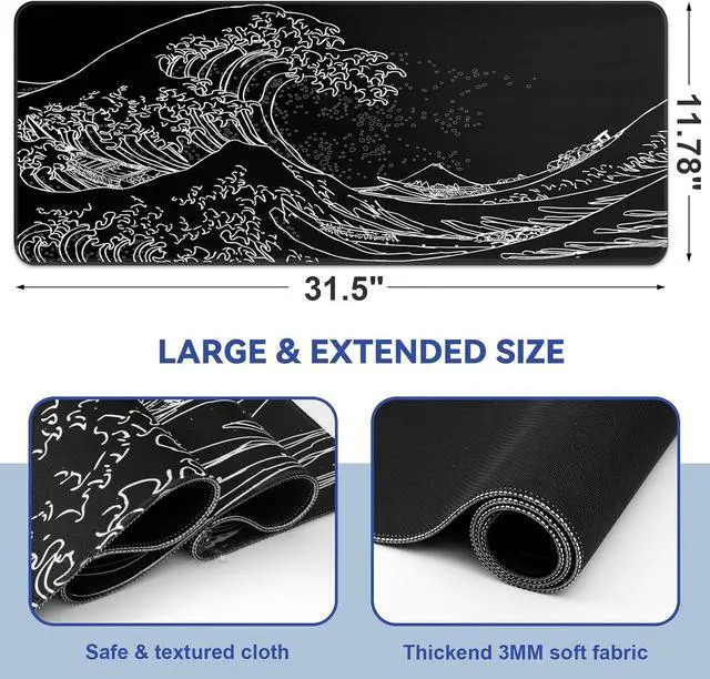Alt view image 9 of 14 - Mouse Pad Gaming Japanese Sea Wave Mouse Pad 31.5 x 11.8in Waterproof Gaming Keyboard Pad with Anti-Slip Rubber Base and Stitched Edges Extended XL Mouse Mat
