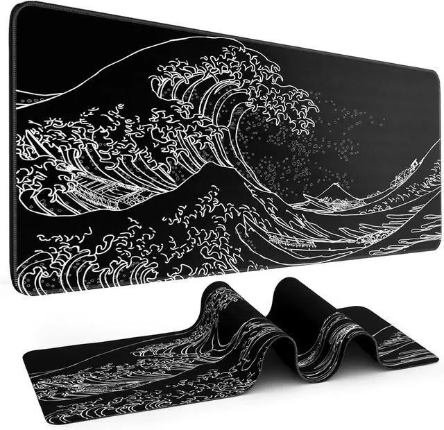 Alt view image 8 of 14 - Mouse Pad Gaming Japanese Sea Wave Mouse Pad 31.5 x 11.8in Waterproof Gaming Keyboard Pad with Anti-Slip Rubber Base and Stitched Edges Extended XL Mouse Mat