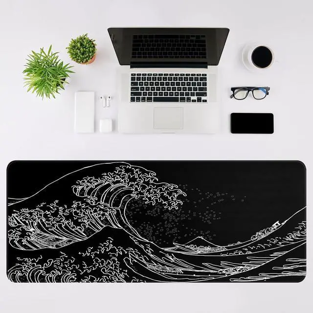 Alt view image 10 of 14 - Mouse Pad Gaming Japanese Sea Wave Mouse Pad 31.5 x 11.8in Waterproof Gaming Keyboard Pad with Anti-Slip Rubber Base and Stitched Edges Extended XL Mouse Mat