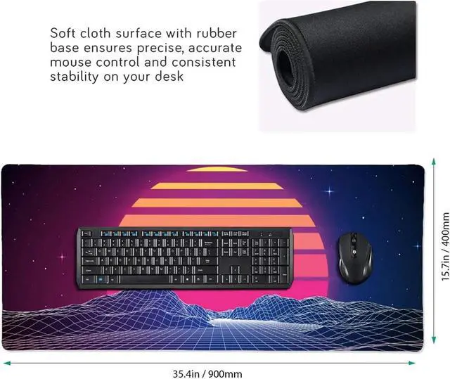 Alt view image 10 of 14 - Retro Neon Sunset Synthwave Extended Mouse Pad 35.4x15.7 Inch XXL Retrowave Vaporwave Non-Slip Rubber Base Large Gaming Mousepad Stitched Edges Waterproof Keyboard Mouse Desk Pad for Office Home