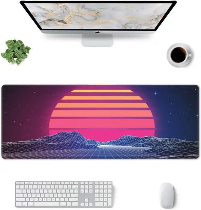 Alt view image 14 of 14 - Retro Neon Sunset Synthwave Extended Mouse Pad 35.4x15.7 Inch XXL Retrowave Vaporwave Non-Slip Rubber Base Large Gaming Mousepad Stitched Edges Waterproof Keyboard Mouse Desk Pad for Office Home