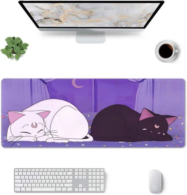 Alt view image 8 of 14 - Anime Kawaii Gaming Mouse Pad Cute Cat Large Desk Mat XL Lavender Purple Extended Mousepad Gaming Desktop Mat Laptop Keyboard Mouse Mat Desk Pad 31.5x11.8in Non-Slip Rubber Base with Stitched Edges