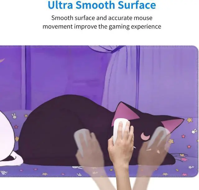 Alt view image 12 of 14 - Anime Kawaii Gaming Mouse Pad Cute Cat Large Desk Mat XL Lavender Purple Extended Mousepad Gaming Desktop Mat Laptop Keyboard Mouse Mat Desk Pad 31.5x11.8in Non-Slip Rubber Base with Stitched Edges
