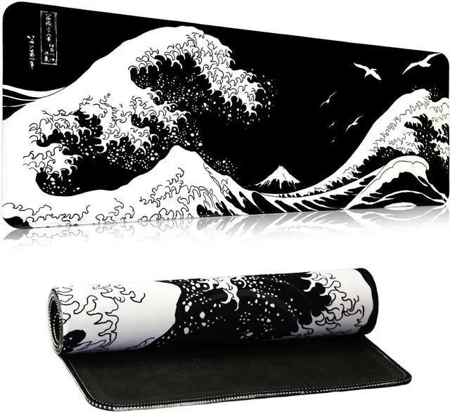 Main image of Black Large Mouse Pad Japanese Sea Wave Anime Gaming Mouse Pad Extended Kanagawa Non-Slip Rubber Base Mouse Mat 31.5 X 11.8 Inch Stitched Edges Keyboard Mice Pad Desk Pad