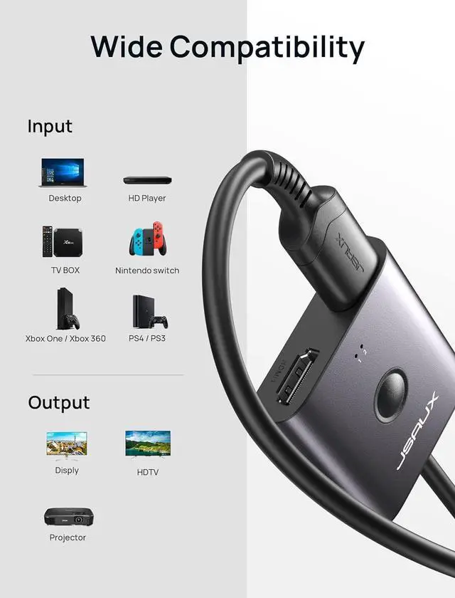 Alt view image 13 of 14 - HDMI Switch 4K 60Hzwith 1.3FT HDMI Cable, JSAUX HDMI 2.0 Switcher 2 in 1 Out Aluminum Bi-Directional Splitter 2 x 1/1 x 2 UHD 3D Compatible for Switch, PS4, Roku, HDTV, Monitor -Grey