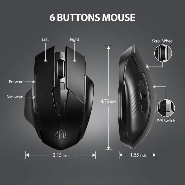 Alt view image 12 of 14 - INPHIC Wireless Mouse 700mAh Large Ergonomic Rechargeable 2.4G Optical PC Laptop Cordless Mice with USB Nano Receiver, for Windows Computer Office, Black