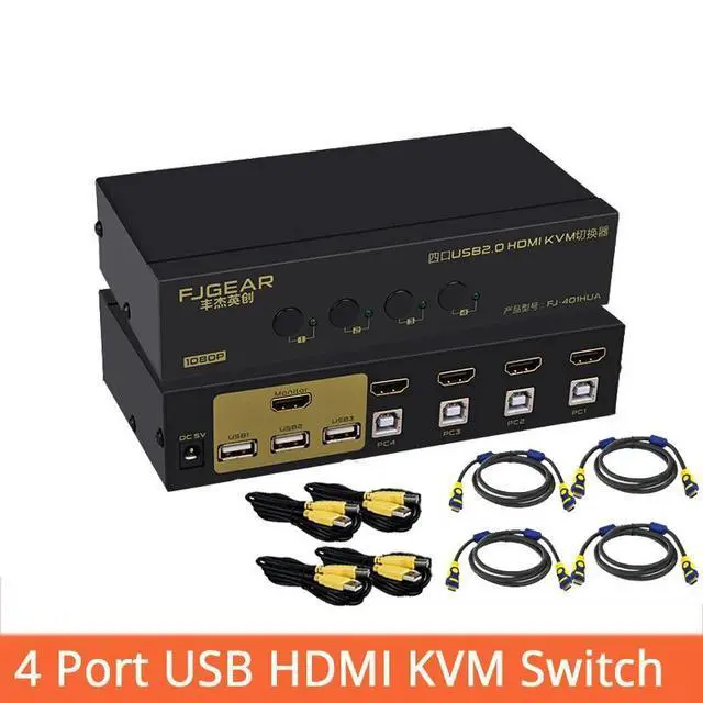 Alt view image 6 of 10 - 4 Port Kvm Switch USB Auto Hd 4 in 1out Switch Monitor Keyboard Mouse Sharer With Power Supply Send Cables FJ-401HUA