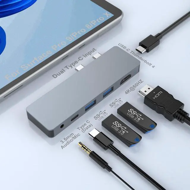 Alt view image 6 of 10 - Surface Pro 9/Pro 8/Pro X Docking Station, 6-in-2 Microsoft Surface Pro USB Hub Adapter with 4K@60HZ HDMI Display, 100W Thunderbolt 4 Port, 3*USB(5Gbps), 3.55mm Audio, Dock for Surface Pro Accessories