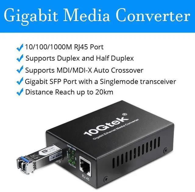 Alt view image 7 of 10 - A Pair of Gigabit Multi-Mode LC Fiber Media Converter, with 2 Pcs SFP SX Modules, Fiber to Ethernet Converter, 1000Base-SX to 10/100/1000M RJ45, MMF, 850nm, up to 550m
