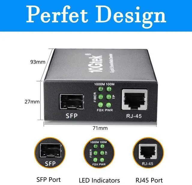 Alt view image 9 of 10 - A Pair of Gigabit Multi-Mode LC Fiber Media Converter, with 2 Pcs SFP SX Modules, Fiber to Ethernet Converter, 1000Base-SX to 10/100/1000M RJ45, MMF, 850nm, up to 550m