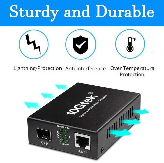 Alt view image 10 of 10 - A Pair of Gigabit Multi-Mode LC Fiber Media Converter, with 2 Pcs SFP SX Modules, Fiber to Ethernet Converter, 1000Base-SX to 10/100/1000M RJ45, MMF, 850nm, up to 550m
