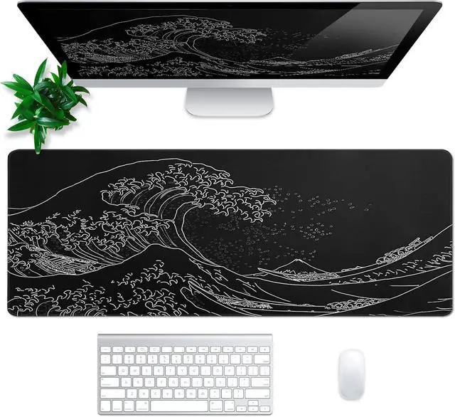 Alt view image 10 of 14 - Japanese Gaming Mouse Pad Abstract Black Mouse Pad 31.5x11.8 Inch Black Sea Wave Texture Non-Slip Rubber Base Large Ocean Mousepad Stitched Edges Keyboard Mouse Mat Desk Pad for Office and Home