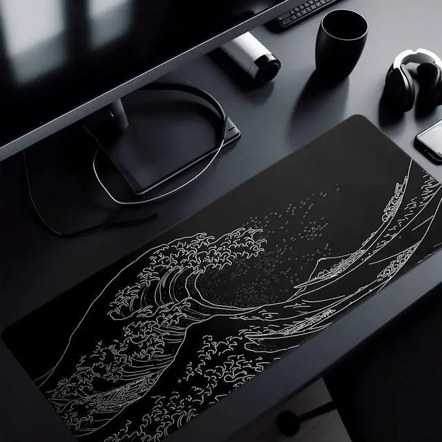 Alt view image 13 of 14 - Japanese Gaming Mouse Pad Abstract Black Mouse Pad 31.5x11.8 Inch Black Sea Wave Texture Non-Slip Rubber Base Large Ocean Mousepad Stitched Edges Keyboard Mouse Mat Desk Pad for Office and Home