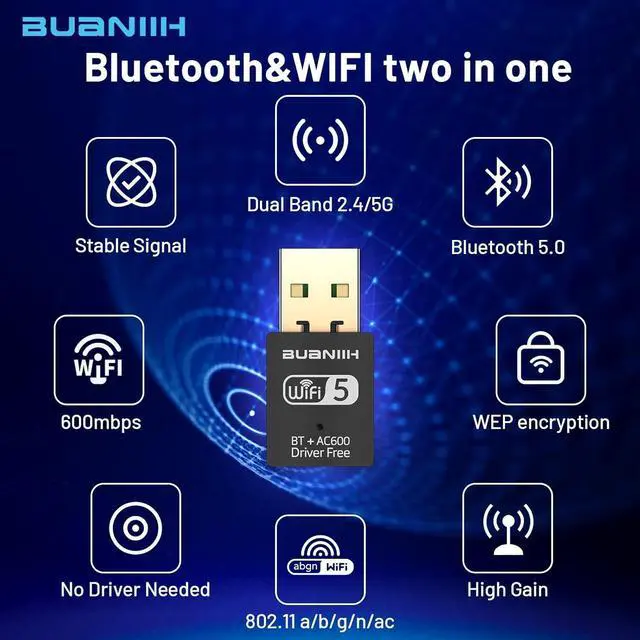Alt view image 9 of 14 - WiFi Adapter for Desktop PC USB WiFi Adapter Bluetooth&WiFi 2-in-1 600Mbps 2.4/5.8Ghz Dual Band Wireless Network Plug and Play for PC/Laptop/Desktop Support Win7/8/8.1/10/11