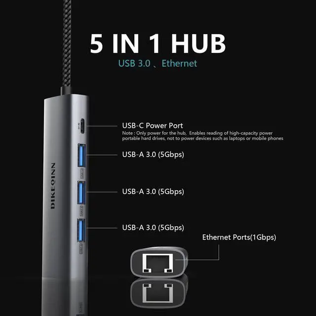 Alt view image 9 of 14 - USB 3.0 Hub with Gigabit Ethernet, 3-Port USB-A 5Gbps + USB-C Power Port for MacBook, Dell, HP, Surface (Plug and Play) (USB-C)