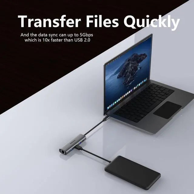 Alt view image 11 of 14 - USB 3.0 Hub with Gigabit Ethernet, 3-Port USB-A 5Gbps + USB-C Power Port for MacBook, Dell, HP, Surface (Plug and Play) (USB-C)