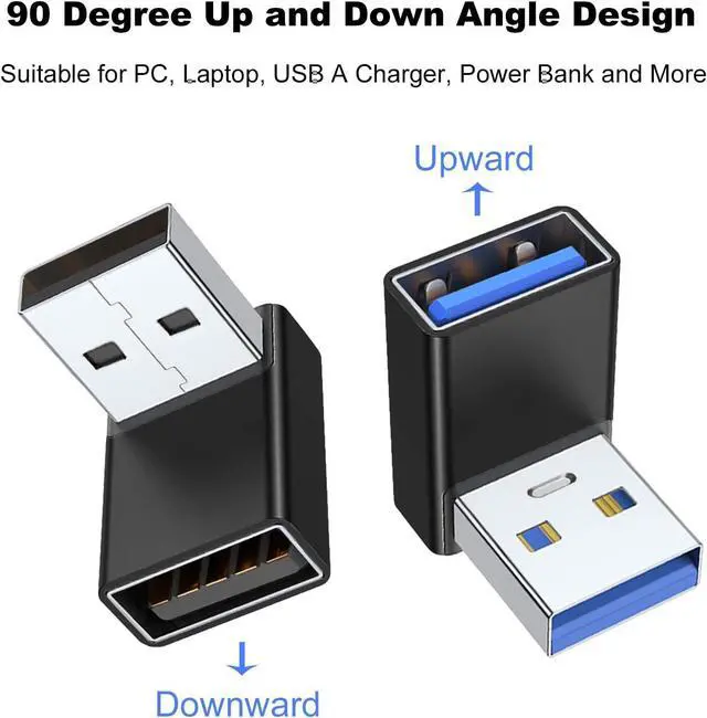 Alt view image 9 of 14 - 90 Degree USB 3.0 Adapter 2 Pack Up and Down Angle USB A Male to Female Converter Extender for PC Laptop USB A Charger Power Bank and More (Black)