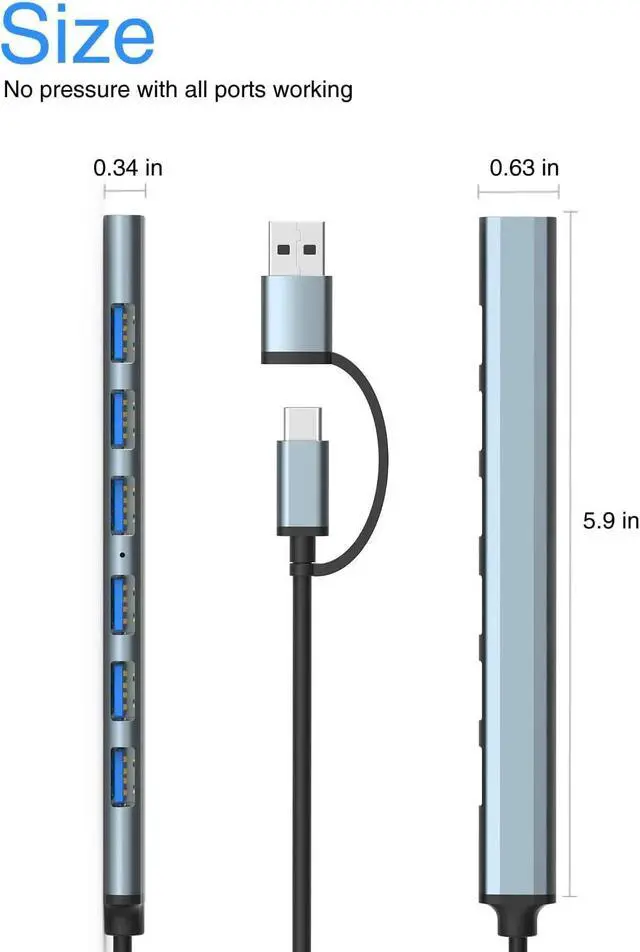 Alt view image 9 of 14 - 7-Port USB3.0 Hub for Laptop MacBook PC & More USB-C & USB 3.0 Adapter 5Gbps Data Transfer Aluminum Alloy Portable