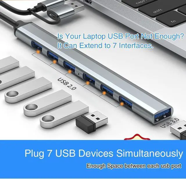 Alt view image 11 of 14 - 7-Port USB3.0 Hub for Laptop MacBook PC & More USB-C & USB 3.0 Adapter 5Gbps Data Transfer Aluminum Alloy Portable