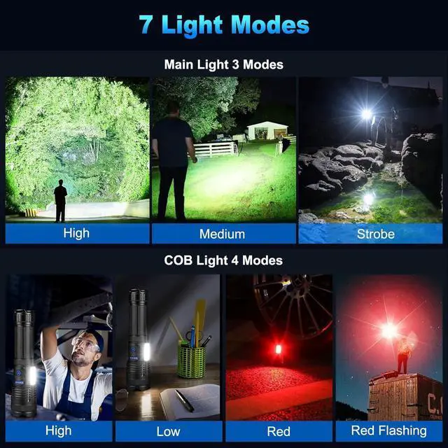 Alt view image 10 of 14 - Flashlights 9000 High Lumen - 2 Pack Ultra Bright Rechargeable Flashlight with 7 Light Modes LED Flash Light with High Power ATTERY IPX7 Waterproof for Home Camping