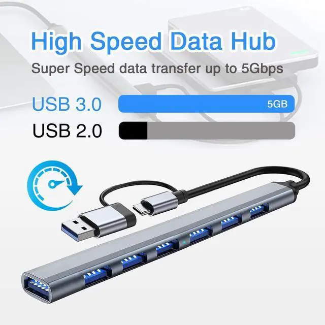 Alt view image 12 of 14 - 7-Port USB3.0 Hub for Laptop MacBook PC & More USB-C & USB 3.0 Adapter 5Gbps Data Transfer Aluminum Alloy Portable