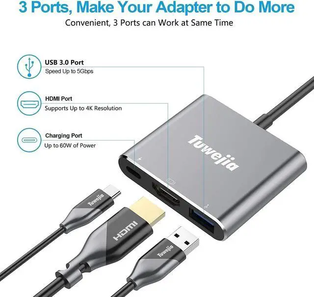 Alt view image 9 of 14 - USB C to HDMI Multiport Adapter USB 3.1 Gen 1 Thunderbolt 3 to HDMI 4K Video Converter/USB 3.0 Hub Port PD Quick Charging Port with Large Projection