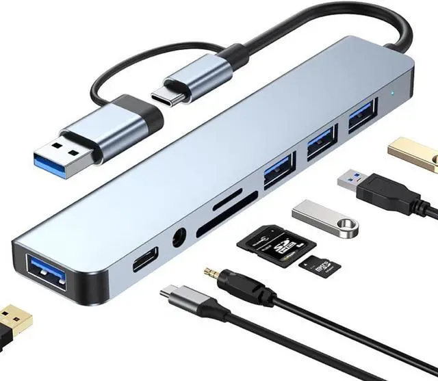 Alt view image 8 of 14 - USB Hub of PC USB C Hub 8 in 1 USB Extender with 4 USB Port 1 USBC USB 3.0 Hub TF/SD Card Reader 3.5mm Audio Output for MacBook Pro/iPad Pro/HP Aluminum