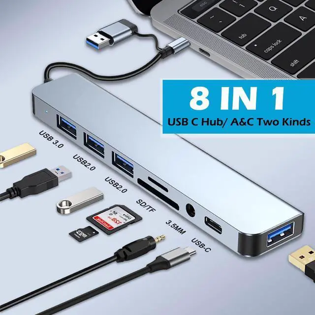 Alt view image 10 of 14 - USB Hub of PC USB C Hub 8 in 1 USB Extender with 4 USB Port 1 USBC USB 3.0 Hub TF/SD Card Reader 3.5mm Audio Output for MacBook Pro/iPad Pro/HP Aluminum