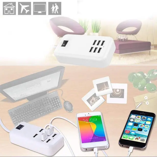 Alt view image 11 of 12 - 6 Ports USB Charger Hub Desktop US Plug AC Power Wall Travel Charging Adapter Slots Charging Station