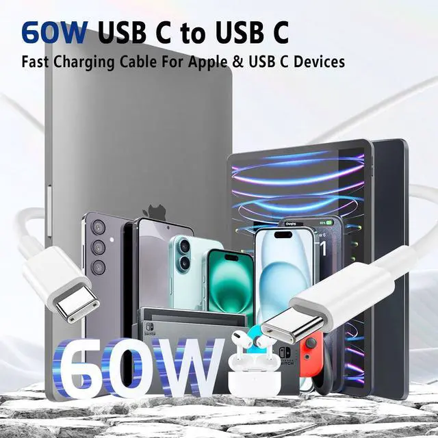 Alt view image 10 of 14 - USB C to USB C Cable (6FT 2Pack) 60W Type C Charger Cord Fast Charging for iPhone 16 15 Pro Laptops MacBook iPad Switch Steam Deck etc.