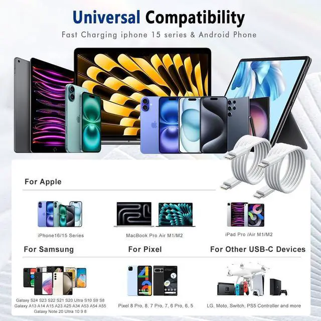 Alt view image 14 of 14 - USB C to USB C Cable (6FT 2Pack) 60W Type C Charger Cord Fast Charging for iPhone 16 15 Pro Laptops MacBook iPad Switch Steam Deck etc.