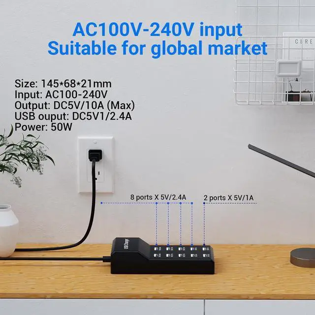 Alt view image 8 of 12 - 10-Port USB Charger Station 50W10A Multiport Charger Hub for iPhone Galaxy iPad & More