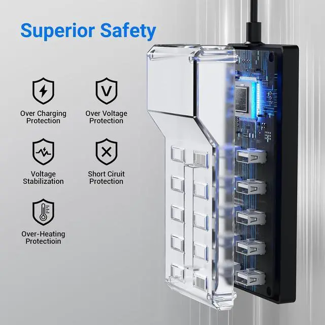 Alt view image 9 of 12 - 10-Port USB Charger Station 50W10A Multiport Charger Hub for iPhone Galaxy iPad & More