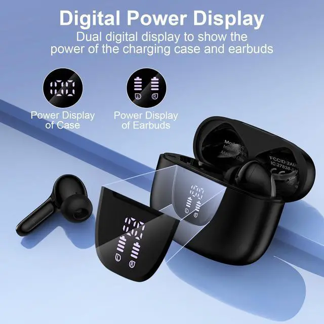 Alt view image 8 of 10 - Wireless Earbuds Bluetooth 5.3 Headphones,Noise Cancelling EarBuds with Deep Bass 60H Playback Stereo Ear Buds with Mic LED Display Charging Case IPX7 Waterproof in Ear Earphone for Phone Laptop Sport