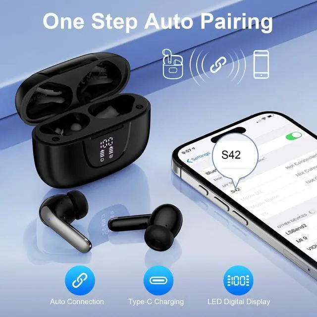 Alt view image 7 of 10 - Wireless Earbuds Bluetooth 5.3 Headphones,Noise Cancelling EarBuds with Deep Bass 60H Playback Stereo Ear Buds with Mic LED Display Charging Case IPX7 Waterproof in Ear Earphone for Phone Laptop Sport