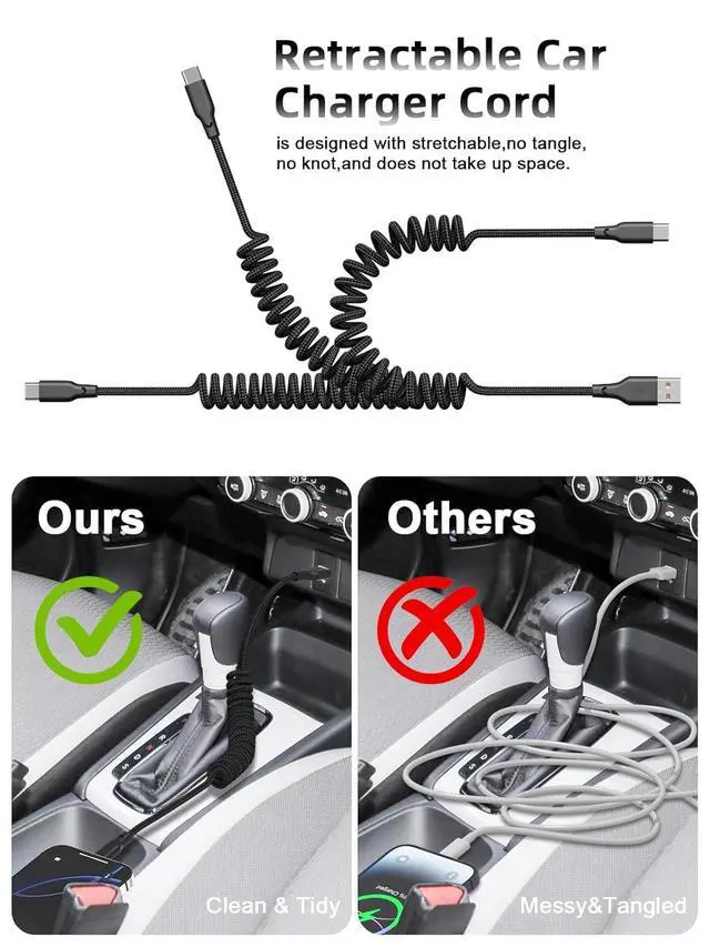 Alt view image 9 of 14 - Car Carplay Cable 2Pack 3ft Coiled USB A to USB C Fast Charge Cord for iPhone 16/15/Plus/Pro Max/MacBook Pro Auto Coiled Retractable iPhone Car Cord