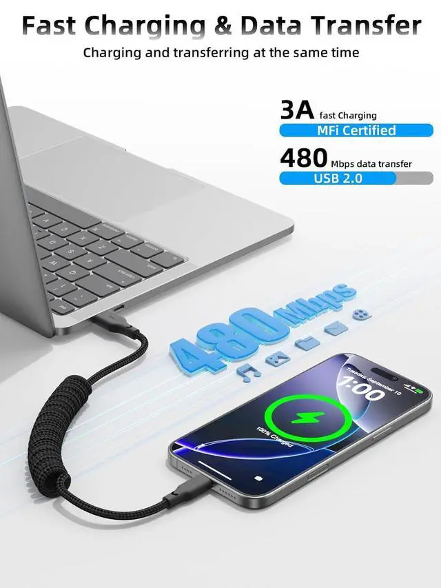 Alt view image 14 of 14 - Car Carplay Cable 2Pack 3ft Coiled USB A to USB C Fast Charge Cord for iPhone 16/15/Plus/Pro Max/MacBook Pro Auto Coiled Retractable iPhone Car Cord
