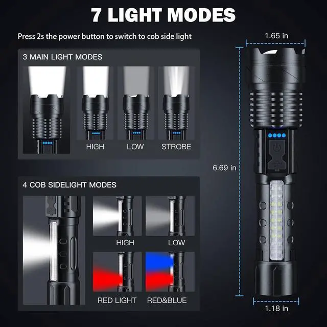 Alt view image 12 of 14 - Flashlight High Lumens Rechargeable 2 Pack 990000 Lumen Super Bright Led Flashlights with 7 Light Modes IPX6 Waterproof Powerful Handheld Flash Light for Camping Home Emergencies