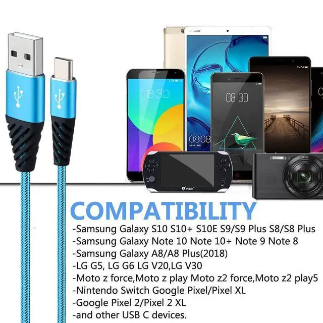 Alt view image 12 of 14 - Type C Charger Cable 10FT 4-Pack Fast Charging Cord USB A to USB C Cell Phone Charger Nylon Braided Compatible with Galaxy S10 S9 S8 Note 10 9 Pixel LG V30