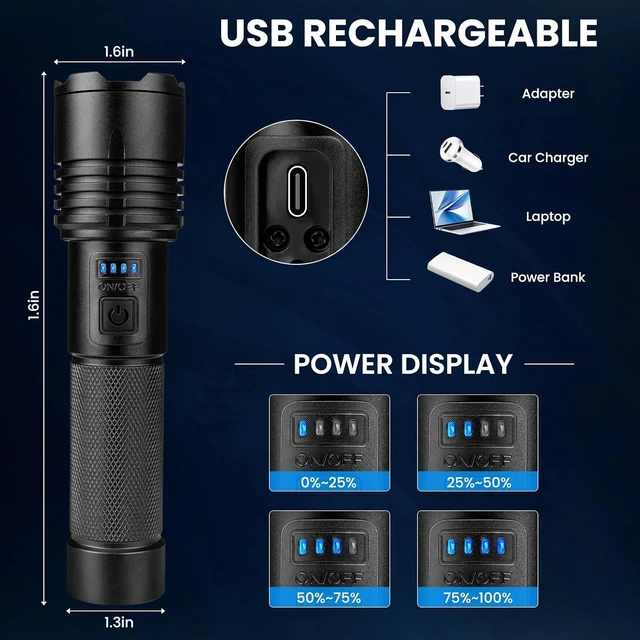 Alt view image 11 of 14 - 3 Pack Rechargeable Flashlights High Lumens 90 000 Lumen Super Bright Led Flashlight with Adjustable 3 Modes & Power Display Brightest Handheld Waterproof Flash Lights for Home Camping Hiking