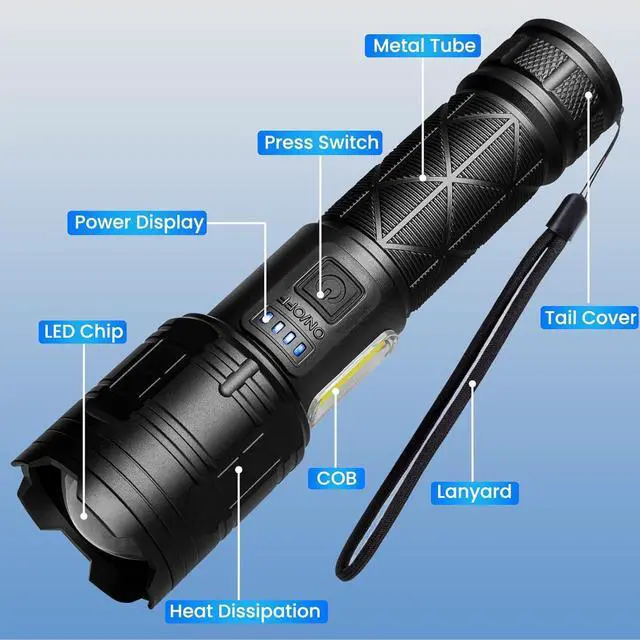 Alt view image 14 of 14 - Rechargeable LED Flashlights High Lumens 990000 Lumen Super Bright Flashlight with 7 Modes & Waterproof Powerful USB Rechargeable Handheld Flash Light for Camping Home Black