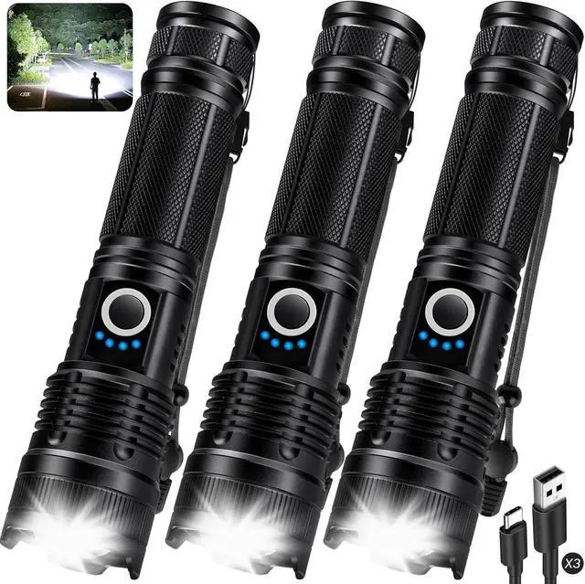 Alt view image 8 of 14 - 3 Pack Flashlights High Lumens - 90 000 Lumen Super Bright Rechargeable Flashlight with 5 Light Modes High Powered 5000 ?Ah LED Flash Light for Home IPX7 Waterproof for Camping
