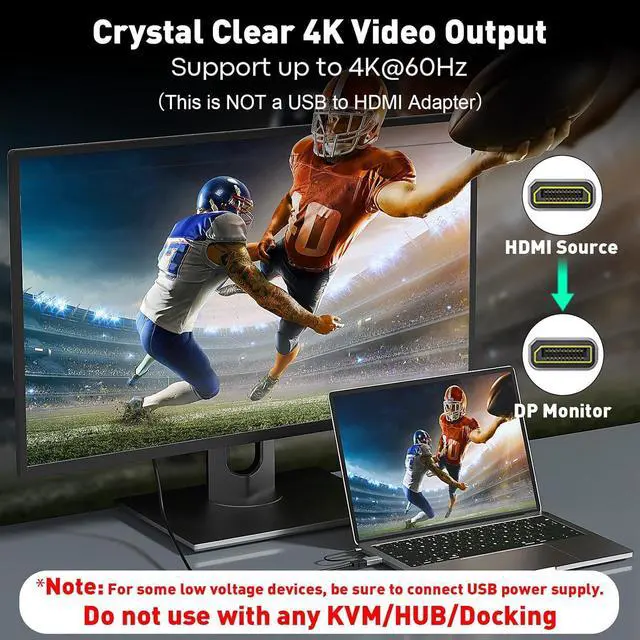 Alt view image 9 of 14 - HDMI to DisplayPort Adapter (4K 60Hz 1080p 120Hz) Uni-Directional HDMI Male to DP Female Converter for Monitor Compatible with GPU Laptop AMD NVIDIA PS5 Xbox and More - 1 Pack