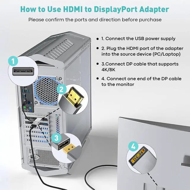 Alt view image 13 of 14 - HDMI to DisplayPort Adapter (4K 60Hz 1080p 120Hz) Uni-Directional HDMI Male to DP Female Converter for Monitor Compatible with GPU Laptop AMD NVIDIA PS5 Xbox and More - 1 Pack