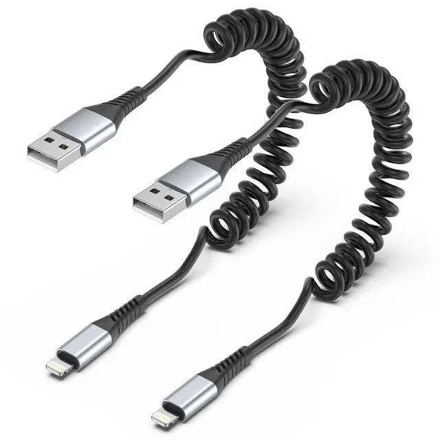 Alt view image 7 of 12 - Coiled Lightning Cable 2 Pack Retractable iPhone Charger Cord for Car USB to Lightning Cable Fast Charging Compatible with CarPlay iPhone 14 13 12 11 Pro Max Mini 10 8 Plus XR SE AirPods