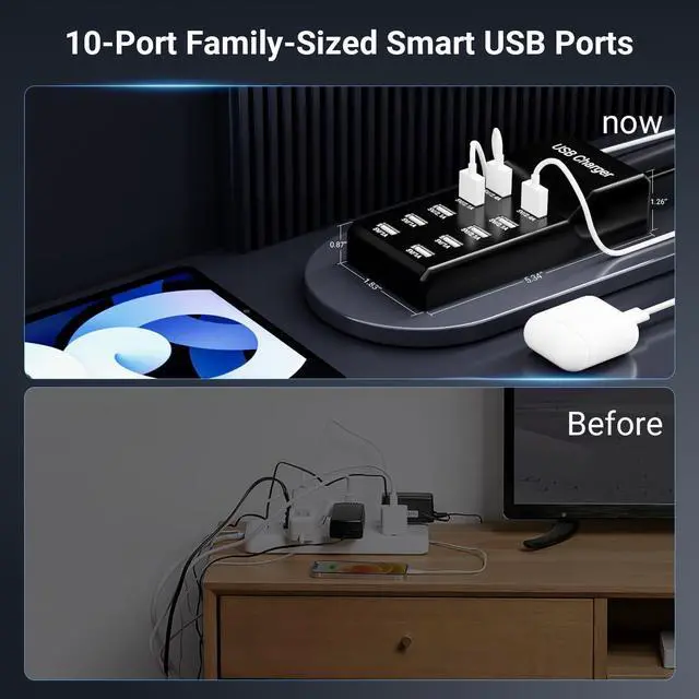 Alt view image 9 of 14 - USB Charging Station 50w10A 10-Port Charger, Multiport Charger Hub, Compatible with iPhone, Galaxy, iPad Tablet, and Other DevicesBlack