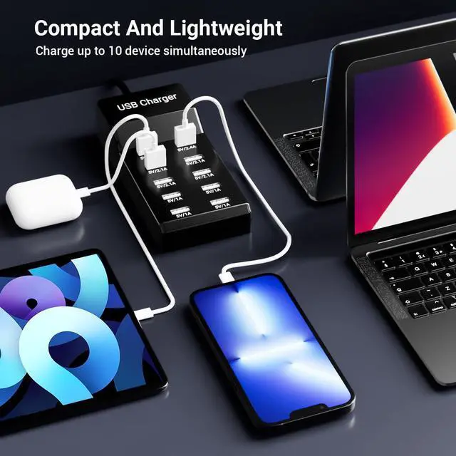 Alt view image 12 of 14 - USB Charging Station 50w10A 10-Port Charger, Multiport Charger Hub, Compatible with iPhone, Galaxy, iPad Tablet, and Other DevicesBlack