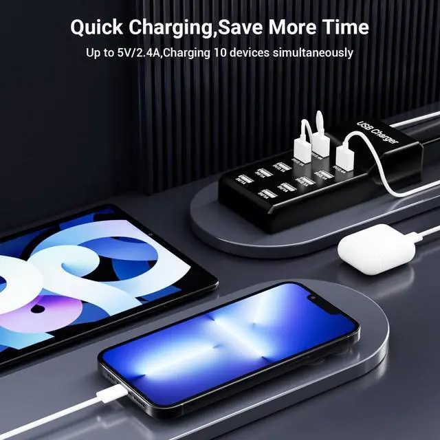 Alt view image 10 of 14 - USB Charging Station 50w10A 10-Port Charger, Multiport Charger Hub, Compatible with iPhone, Galaxy, iPad Tablet, and Other DevicesBlack
