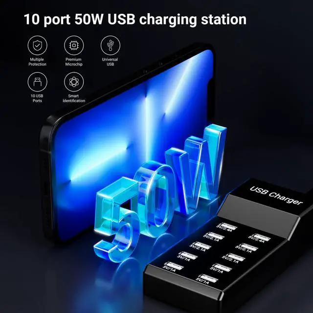 Alt view image 11 of 14 - USB Charging Station 50w10A 10-Port Charger, Multiport Charger Hub, Compatible with iPhone, Galaxy, iPad Tablet, and Other DevicesBlack